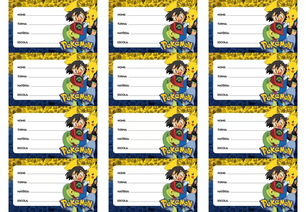 Etiquetas escolares Pokémon para personalizar o material do menino
