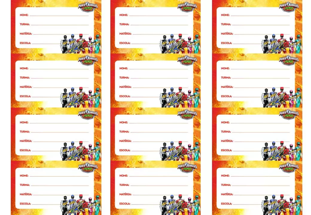 Etiquetas escolares Power Rangers Dino Fury para identificação de material escolar.