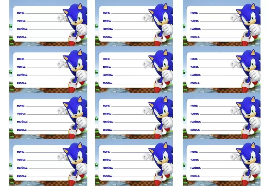 Etiqueta escolar do Sonic para material de menino