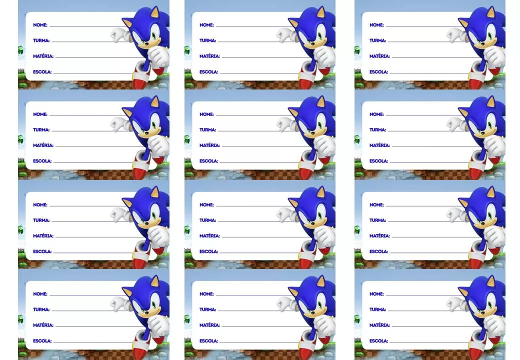Etiqueta de Material Escolar para imprimir de Menino Sonic 