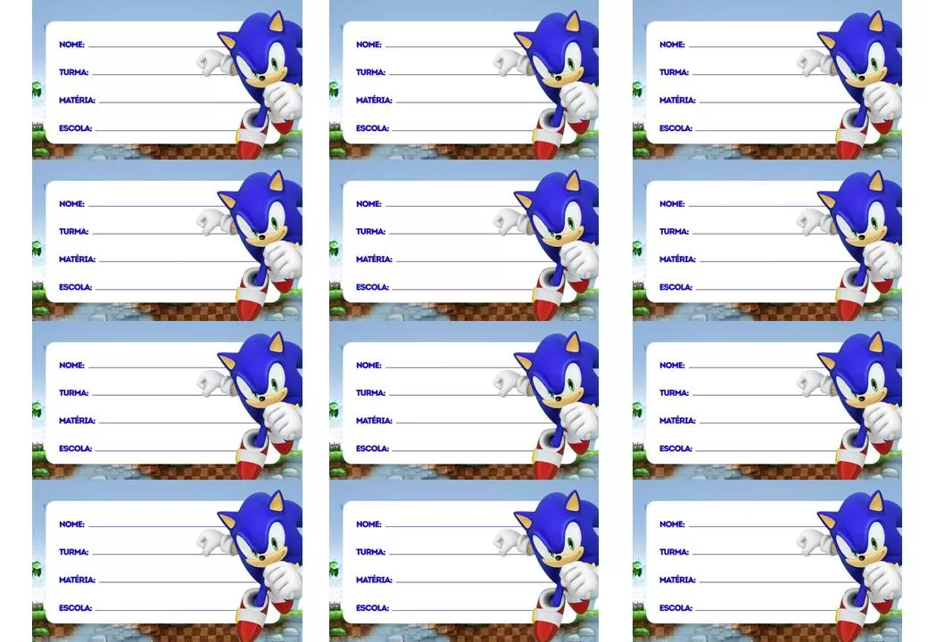 Etiqueta escolar do Sonic para material de menino