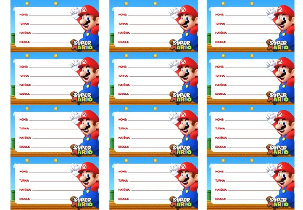 Etiquetas escolares Super Mario para materiais de meninos