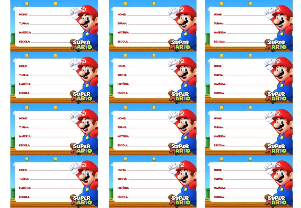 Etiquetas escolares Super Mario para materiais de meninos