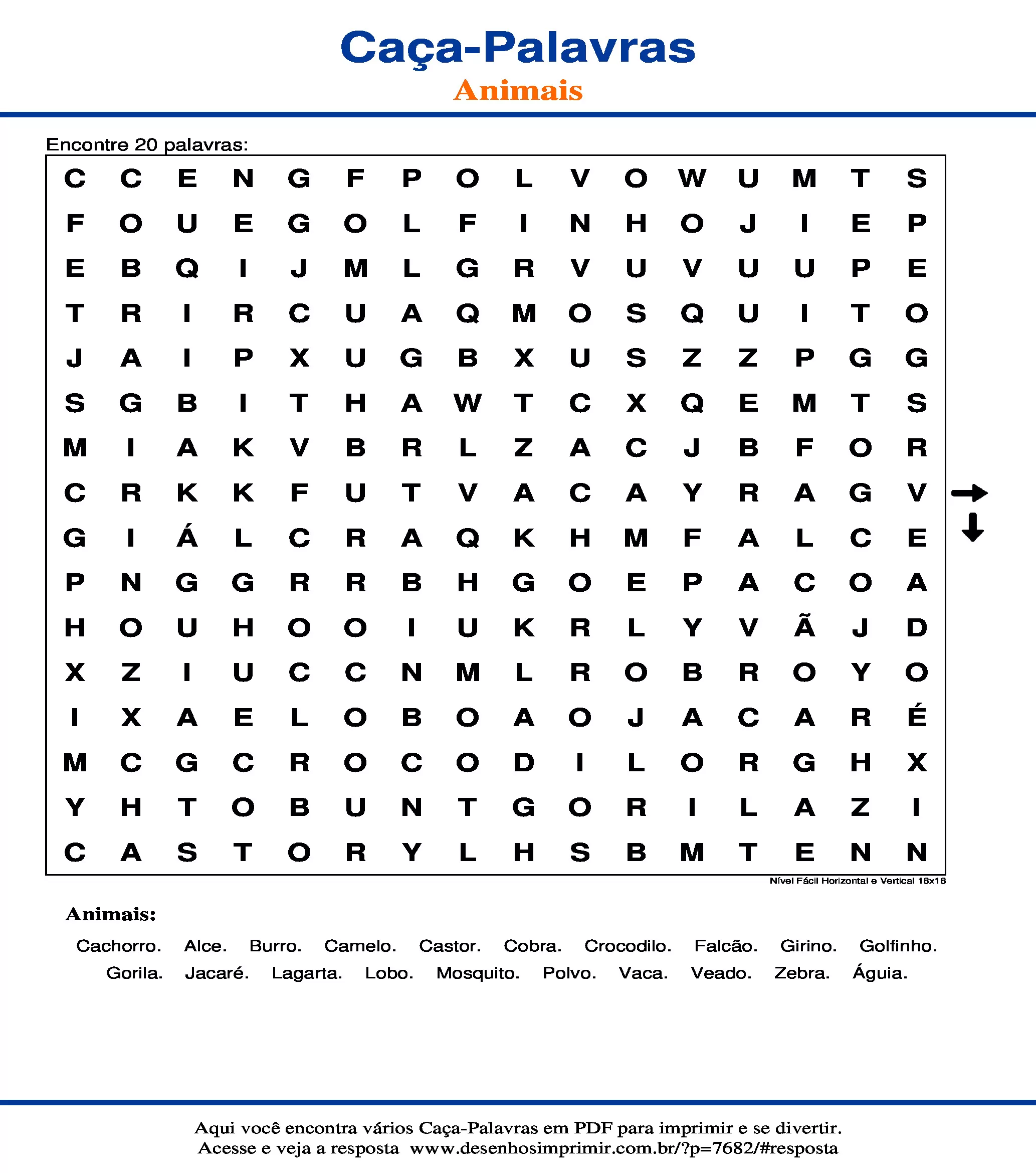 Caça Palavras Nível Fácil Horizontal e Vertical 16x16