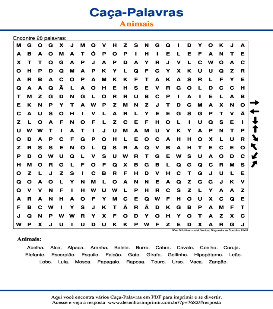 Atividades Animais Nível Difícil Horizontal, Vertical, Diagonal e ao Contrário 22x22 caça palavras Atividades Caça Palavras de Animais