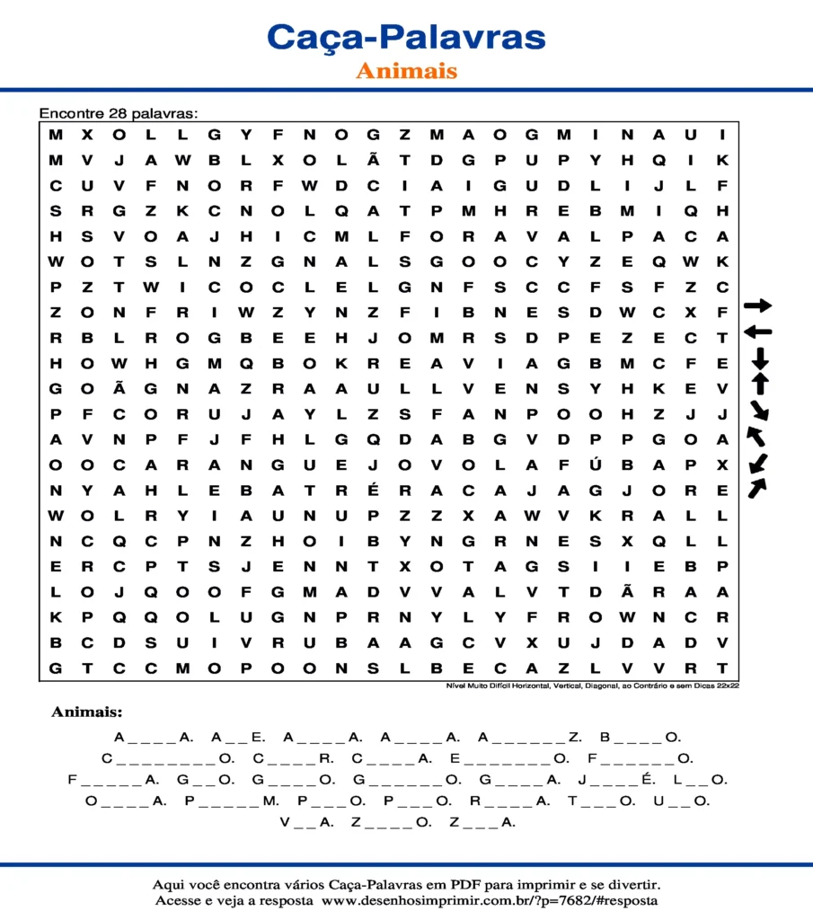 Atividades Animais Nível Muito Difícil Horizontal, Vertical, Diagonal, ao Contrário e sem Dicas 22x22 caça palavras Atividades Caça Palavras de Animais