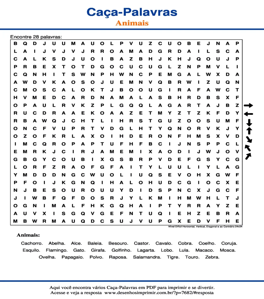 Atividades Animais Nível Difícil Horizontal, Vertical, Diagonal e ao Contrário 24x24 caça palavras Atividades Caça Palavras de Animais