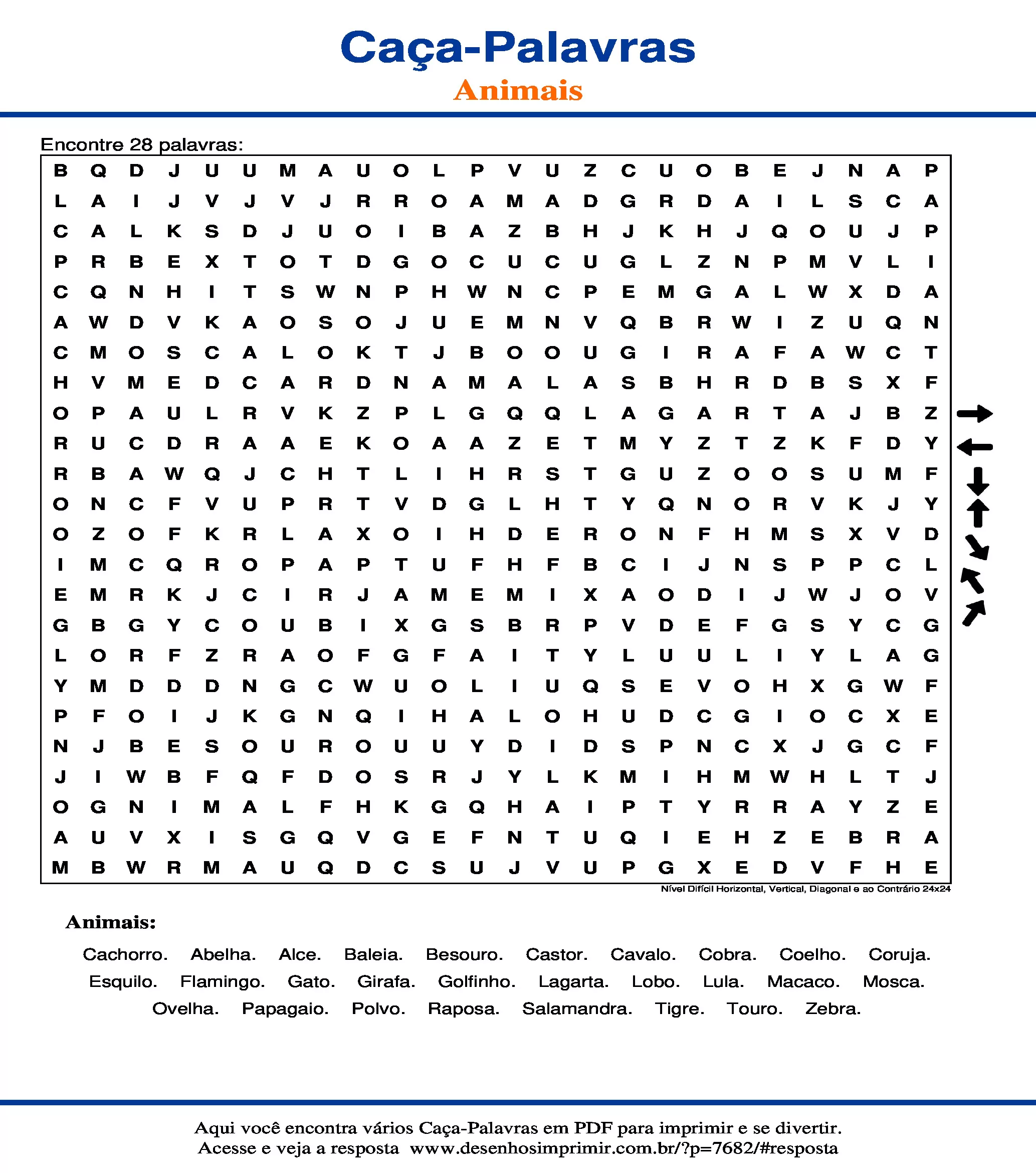 Caça Palavras Nível Difícil Horizontal, Vertical, Diagonal e ao Contrário 24x24