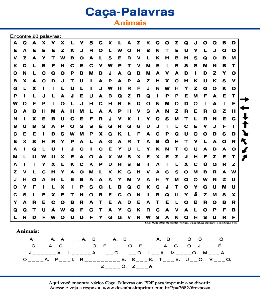 Atividades Animais Nível Muito Difícil Horizontal, Vertical, Diagonal, ao Contrário e sem Dicas 24x24 caça palavras Atividades Caça Palavras de Animais