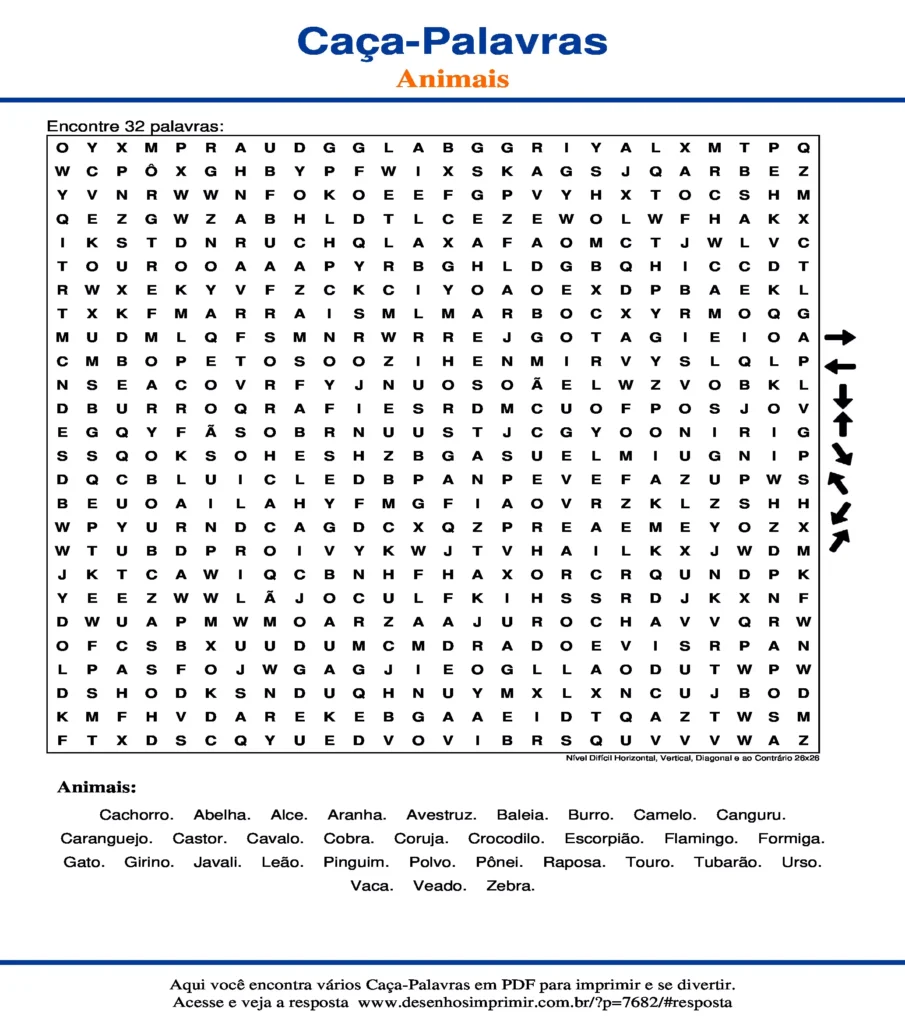 Atividades Animais Nível Difícil Horizontal, Vertical, Diagonal e ao Contrário 26x26 caça palavras Atividades Caça Palavras de Animais