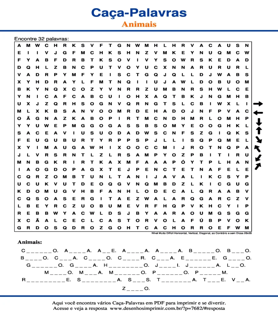 Atividades Animais Nível Muito Difícil Horizontal, Vertical, Diagonal, ao Contrário e sem Dicas 26x26 caça palavras Atividades Caça Palavras de Animais