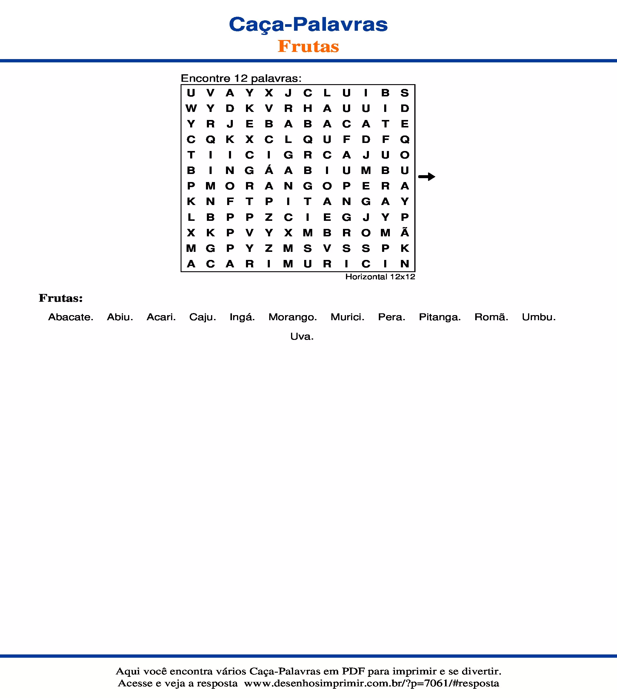 Caça Palavras Horizontal 12x12