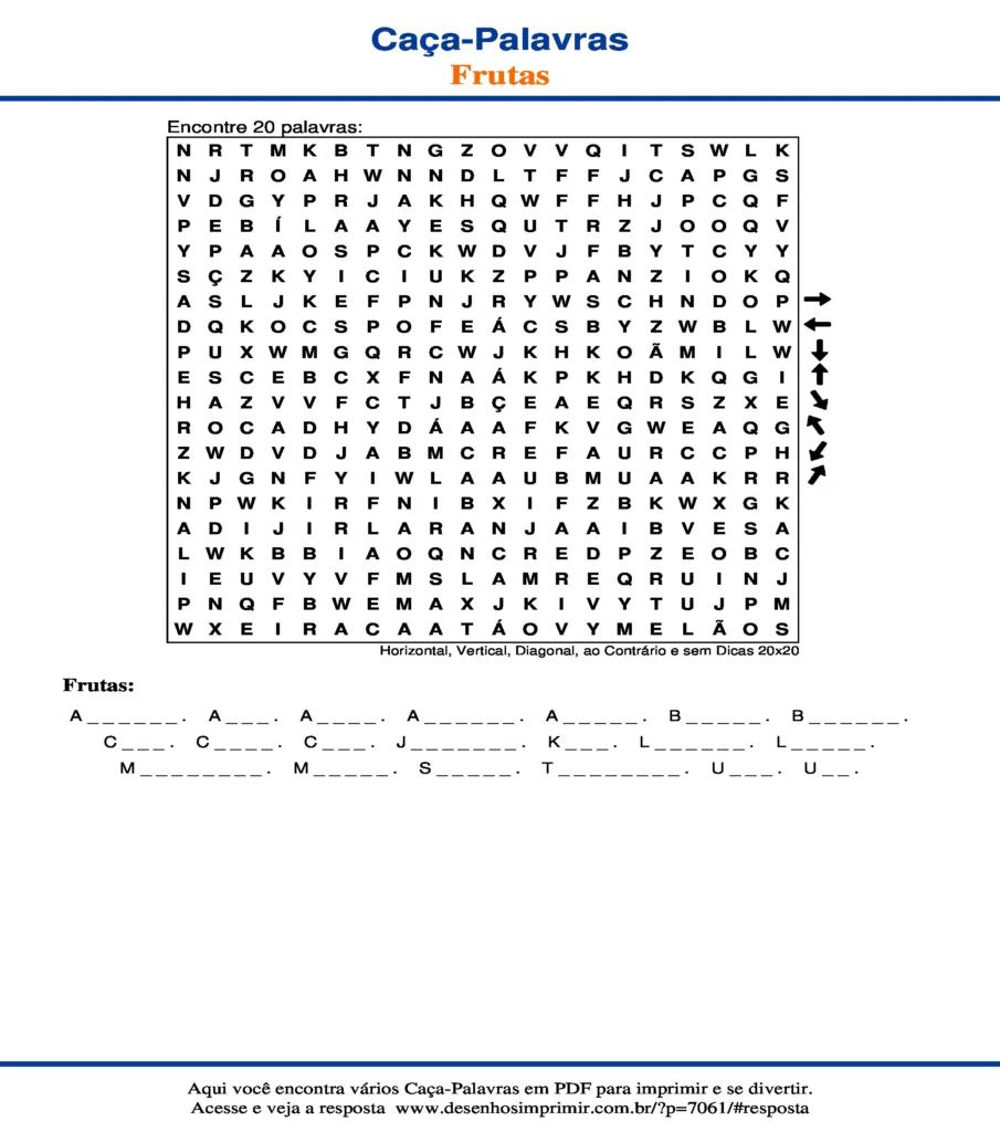 Frutas Horizontal, Vertical, Diagonal, ao Contrário e sem Dicas 20x20 caça palavras Caça Palavras de Frutas Horizontal, Vertical, Diagonal, ao Contrário e sem Dicas 20x20 para imprimir