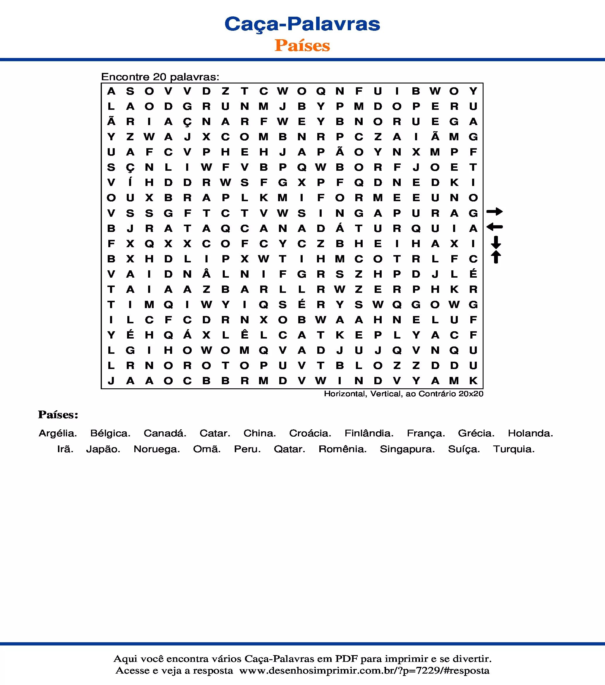 Caça Palavras Horizontal, Vertical, ao Contrário 20x20