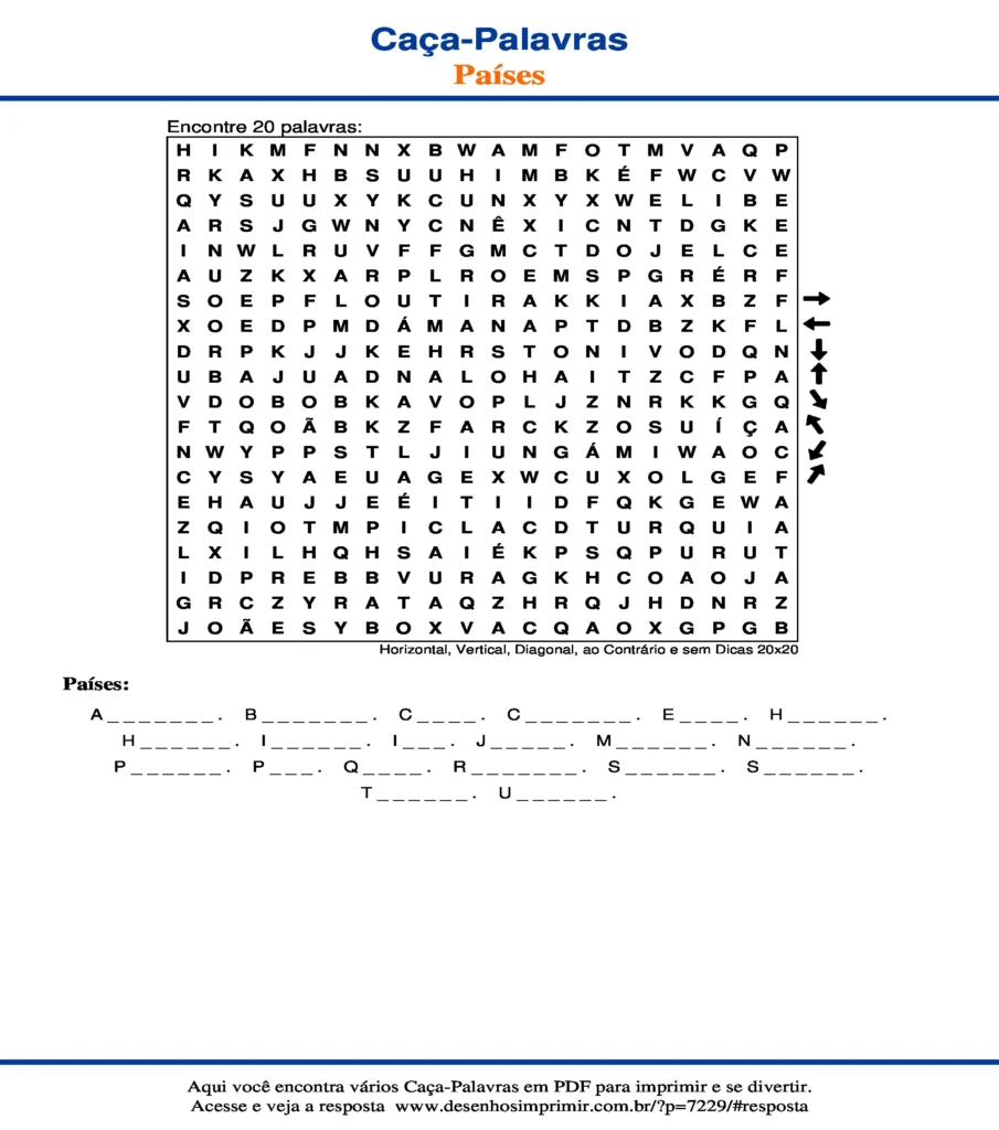 Países Horizontal, Vertical, Diagonal, ao Contrário e sem Dicas 20x20 caça palavras Caça Palavras de Países Horizontal, Vertical, Diagonal, ao Contrário e sem Dicas 20x20 para imprimir