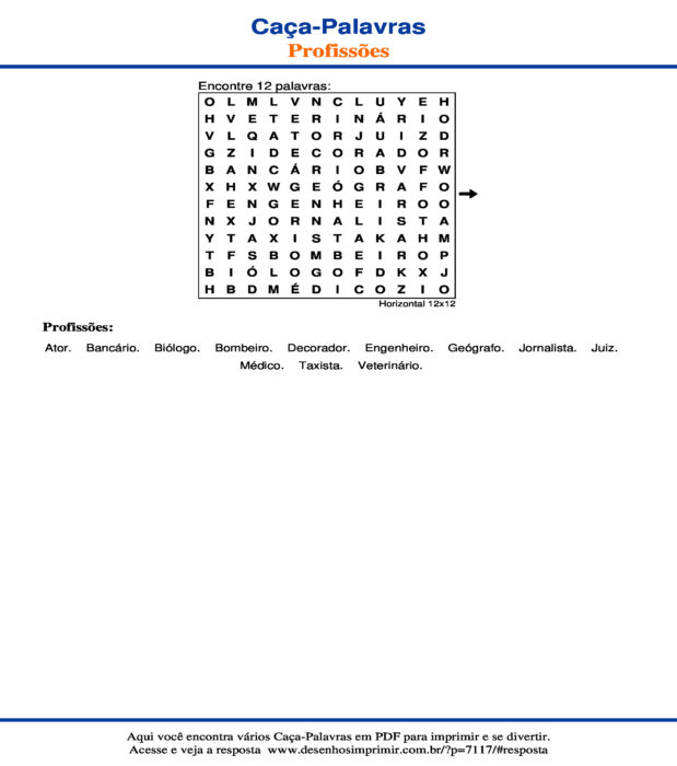 Caça Palavras de Profissões Horizontal 12x12 para imprimir