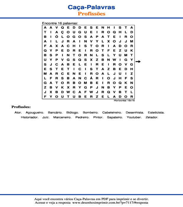 Caça Palavras de Profissões Horizontal 16x16 para imprimir