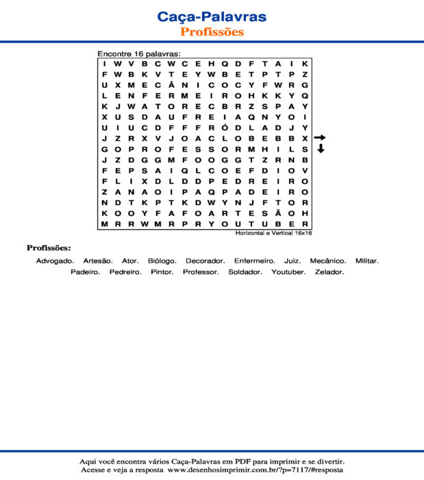 Caça Palavras de Profissões Horizontal e Vertical 16x16 para imprimir