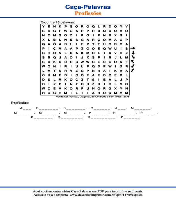 Caça Palavras de Profissões Horizontal, Vertical, Diagonal, ao Contrário e sem Dicas 16x16 para imprimir