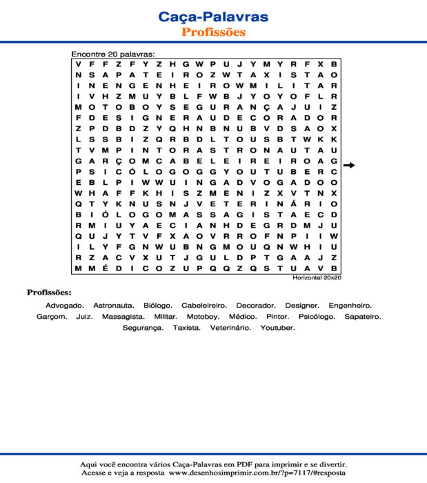 Caça Palavras de Profissões Horizontal 20x20 para imprimir