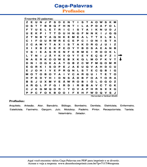 Caça Palavras de Profissões Horizontal e Vertical 20x20 para imprimir