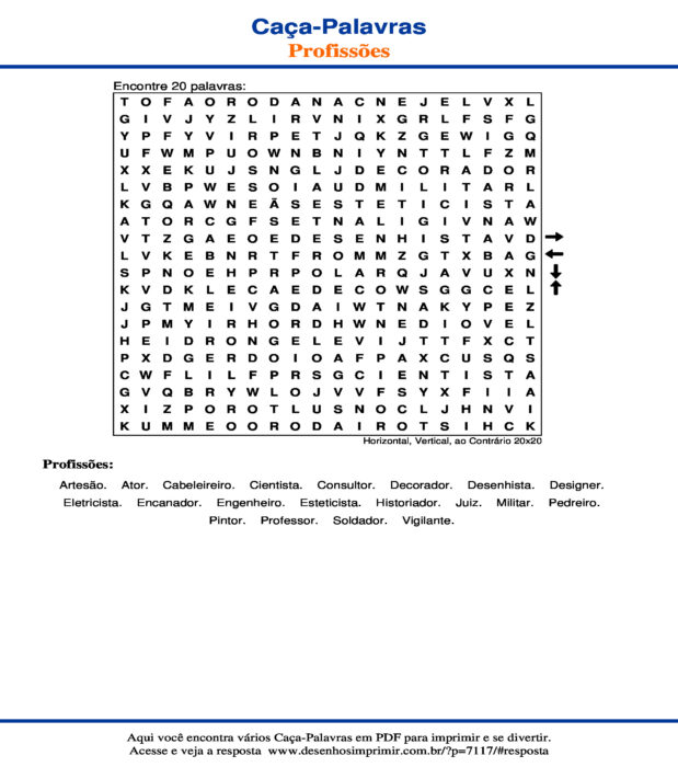 Caça Palavras de Profissões Horizontal, Vertical, ao Contrário 20x20 para imprimir