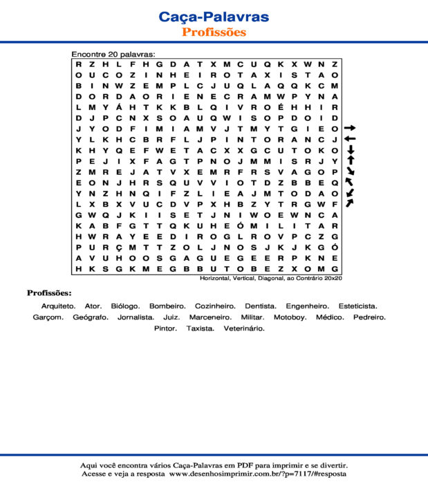 Caça Palavras de Profissões Horizontal, Vertical, Diagonal, ao Contrário 20x20 para imprimir