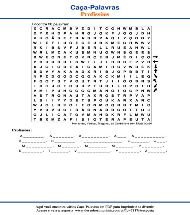 Caça Palavras de Profissões Horizontal, Vertical, Diagonal, ao Contrário e sem Dicas 20x20 para imprimir