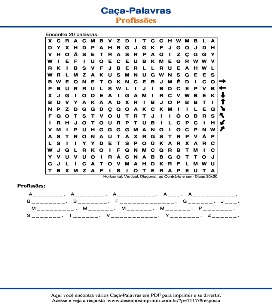 Profissões Horizontal, Vertical, Diagonal, ao Contrário e sem Dicas 20x20 caça palavras Caça Palavras de Profissões Horizontal, Vertical, Diagonal, ao Contrário e sem Dicas 20x20 para imprimir