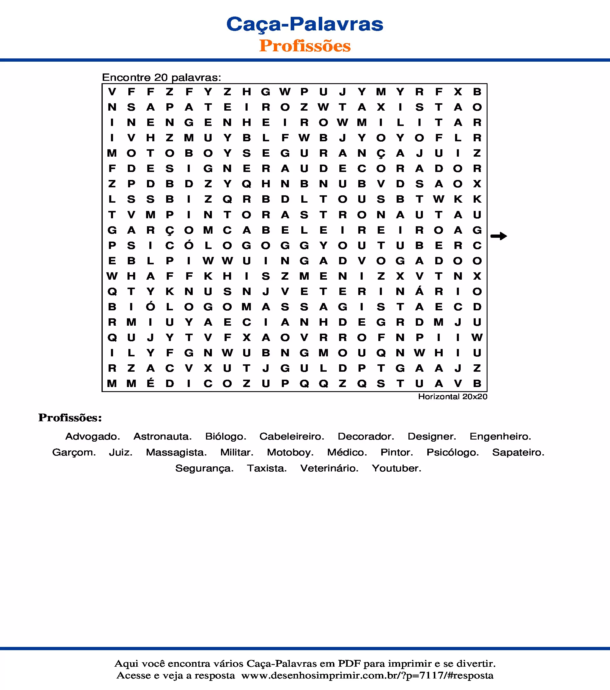 Caça Palavras Horizontal 20x20