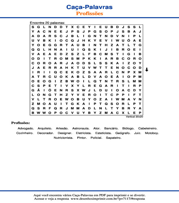 Caça Palavras de Profissões Vertical 20x20 para imprimir