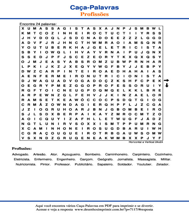 Caça Palavras de Profissões Horizontal e Vertical 24x24 para imprimir