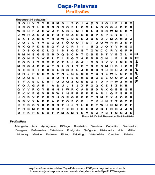 Caça Palavras de Profissões Horizontal, Vertical, Diagonal, ao Contrário 24x24 para imprimir