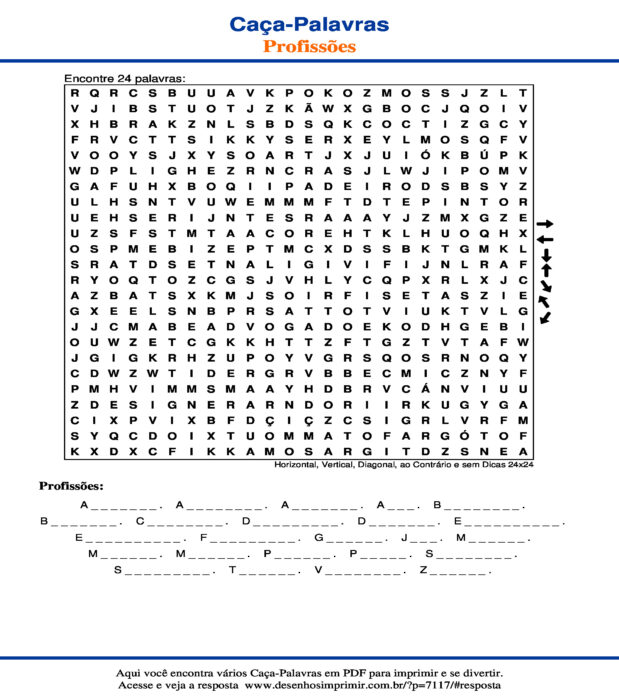 Caça Palavras de Profissões Horizontal, Vertical, Diagonal, ao Contrário e sem Dicas 24x24 para imprimir