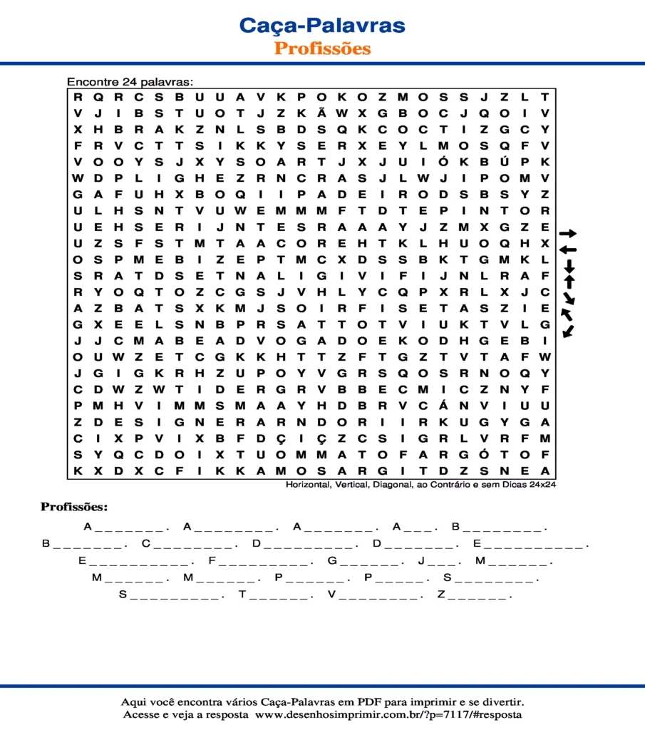 Profissões Horizontal, Vertical, Diagonal, ao Contrário e sem Dicas 24x24 caça palavras Caça Palavras de Profissões Horizontal, Vertical, Diagonal, ao Contrário e sem Dicas 24x24 para imprimir