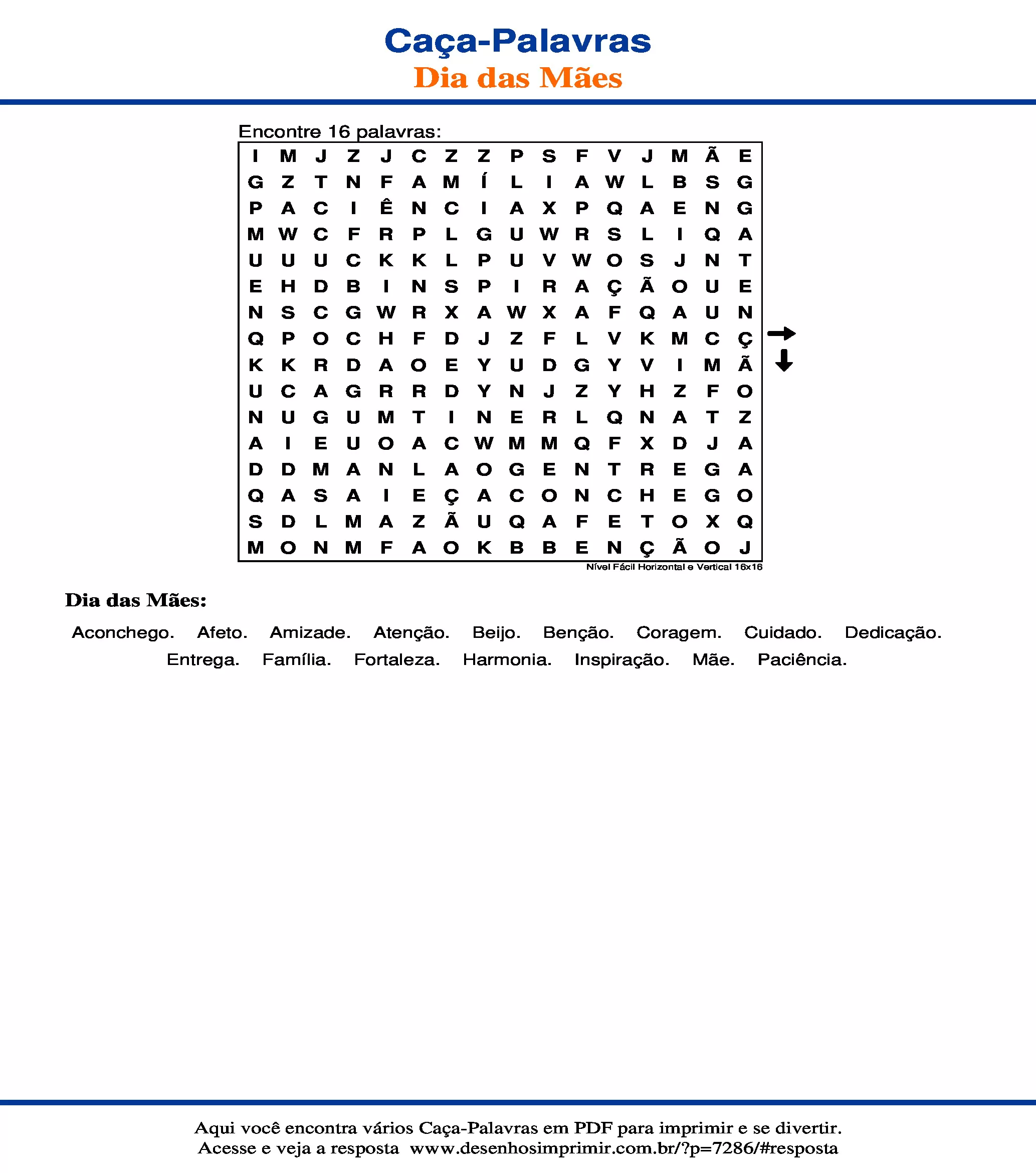 Caça Palavras Nível Fácil Horizontal e Vertical 16x16