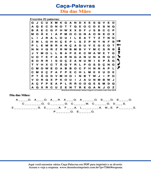 Caça Palavras Dia das Mães Nível Muito Difícil Horizontal, Vertical, Diagonal, ao Contrário e sem Dicas 18x18 para imprimir