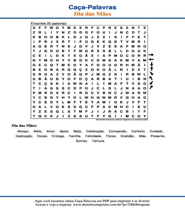 Caça Palavras Dia das Mães Nível Difícil Horizontal, Vertical, Diagonal e ao Contrário 20x20 para imprimir