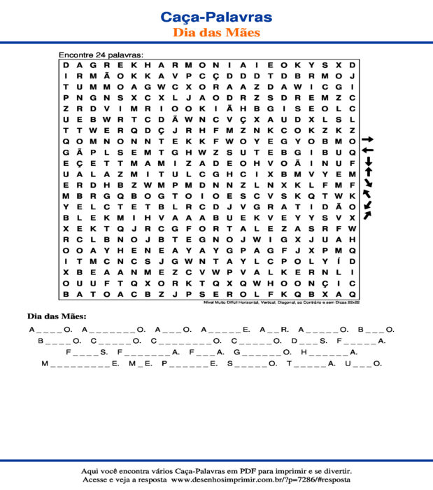 Caça Palavras Dia das Mães Nível Muito Difícil Horizontal, Vertical, Diagonal, ao Contrário e sem Dicas 22x22 para imprimir