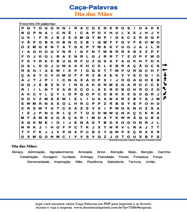 Caça Palavras Dia das Mães Nível Difícil Horizontal, Vertical, Diagonal e ao Contrário 24x24 para imprimir