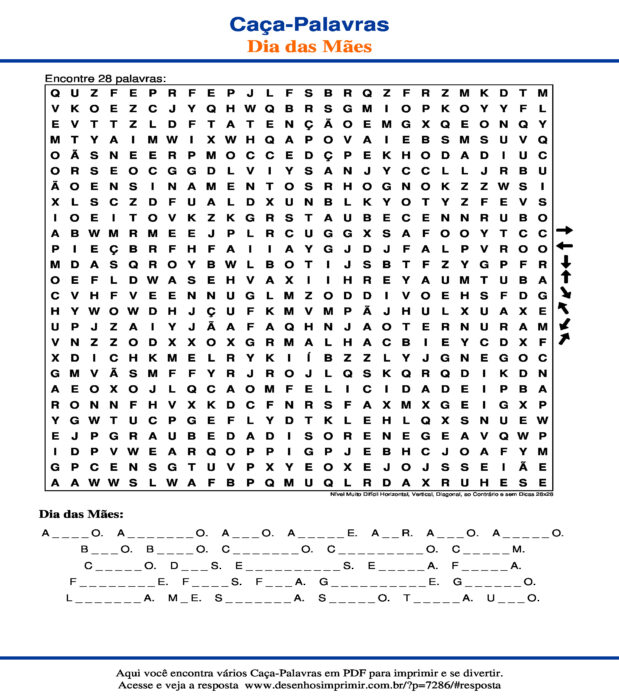 Caça Palavras Dia das Mães Nível Muito Difícil Horizontal, Vertical, Diagonal, ao Contrário e sem Dicas 26x26 para imprimir