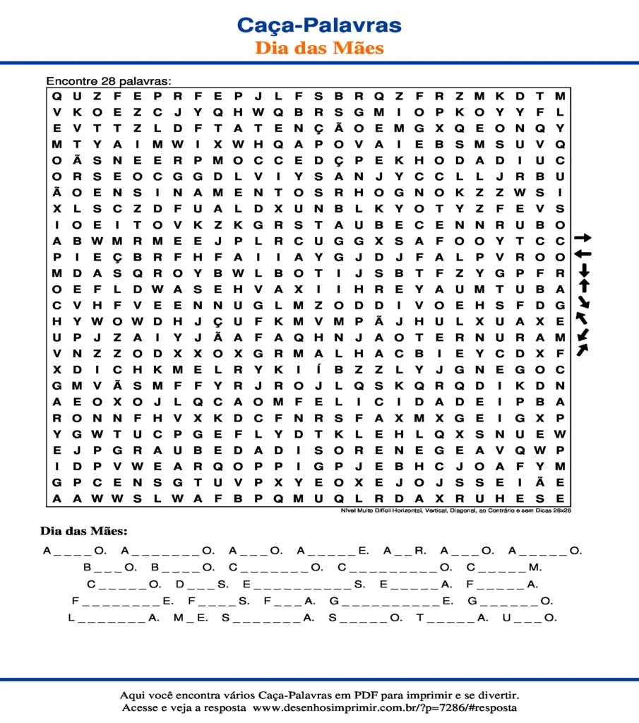 Dia das Mães Nível Muito Difícil Horizontal, Vertical, Diagonal, ao Contrário e sem Dicas 26x26 caça palavras Caça Palavras Dia das Mães Nível Muito Difícil Horizontal, Vertical, Diagonal, ao Contrário e sem Dicas 26x26 para imprimir