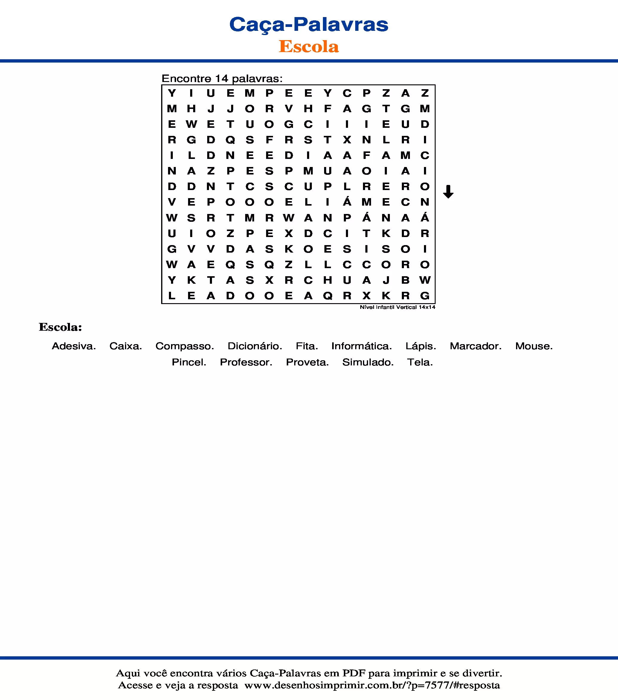Caça Palavras Nível Infantil Vertical 14x14