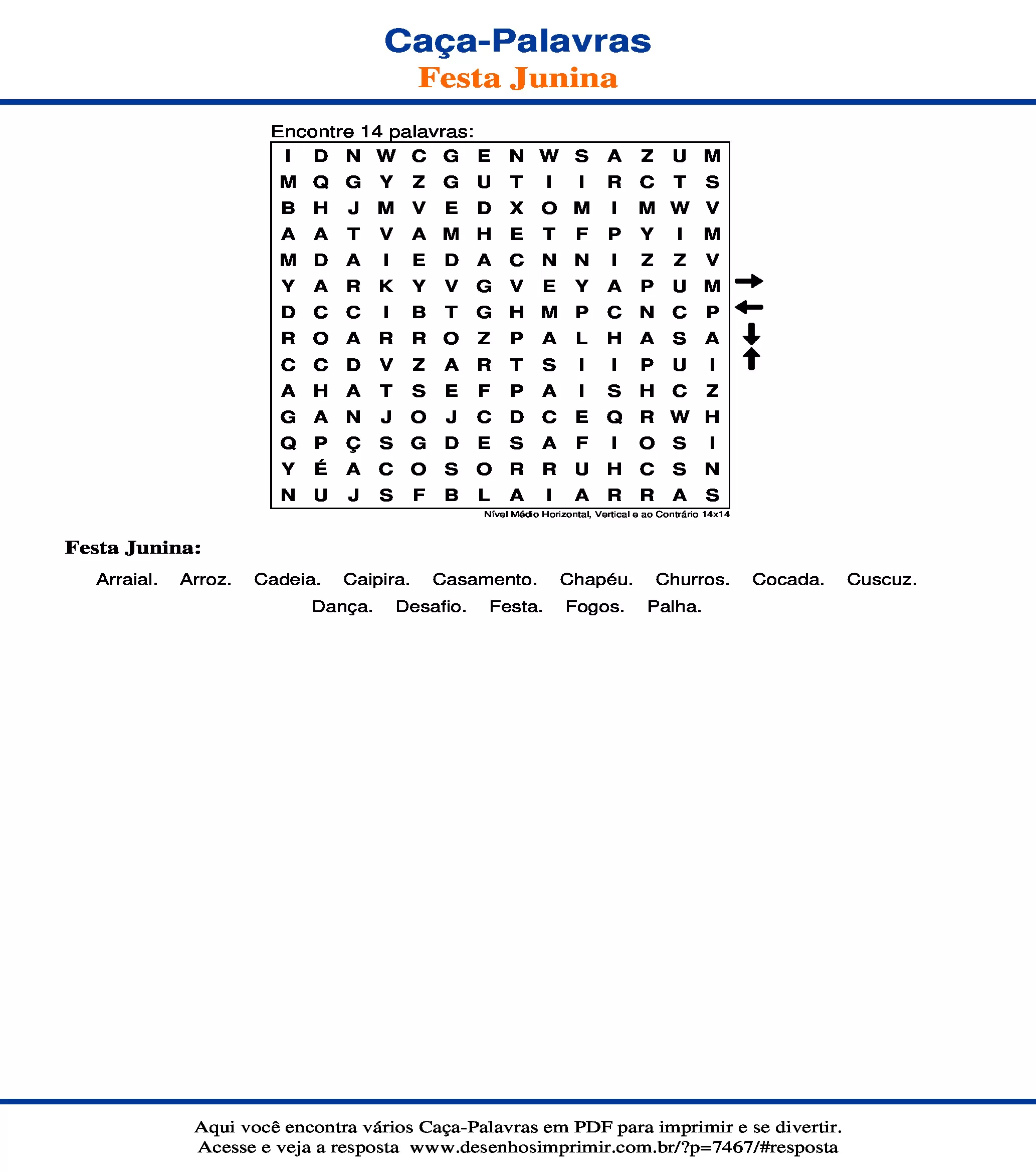 Caça Palavras Nível Médio Horizontal, Vertical e ao Contrário 14x14