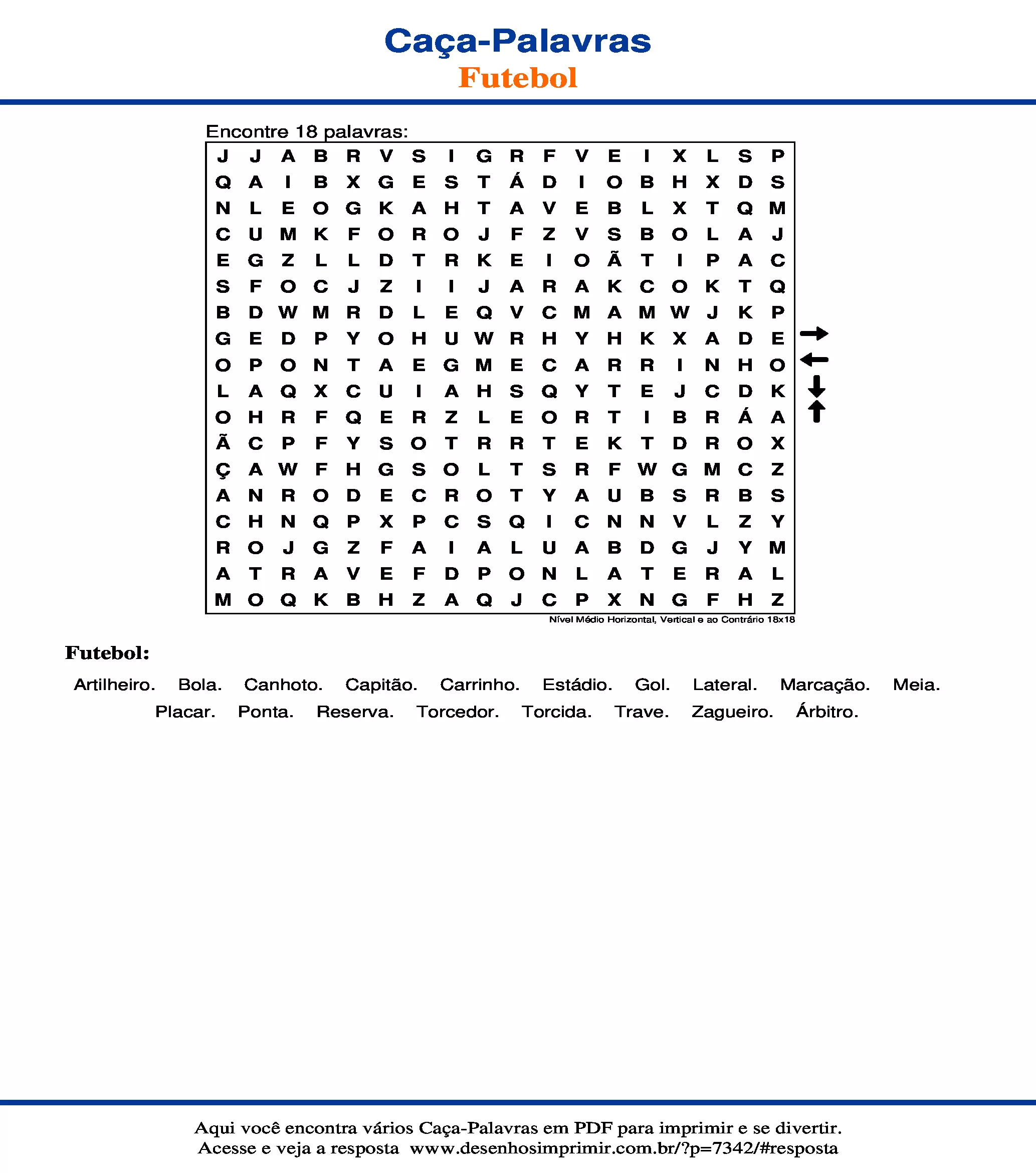 Caça Palavras Nível Médio Horizontal, Vertical e ao Contrário 18x18