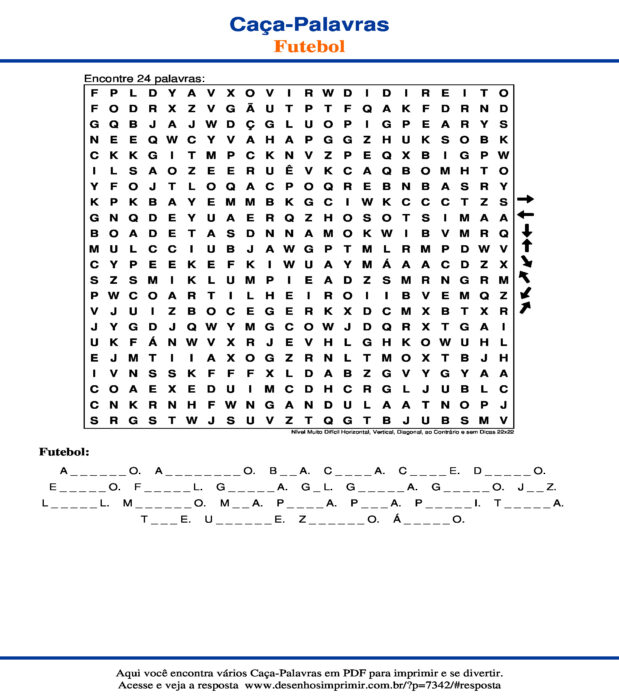 Caça Palavras de Futebol Nível Muito Difícil Horizontal, Vertical, Diagonal, ao Contrário e sem Dicas 22x22 para imprimir