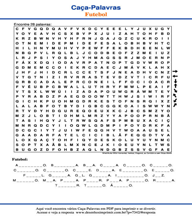 Caça Palavras de Futebol Nível Muito Difícil Horizontal, Vertical, Diagonal, ao Contrário e sem Dicas 26x26 para imprimir