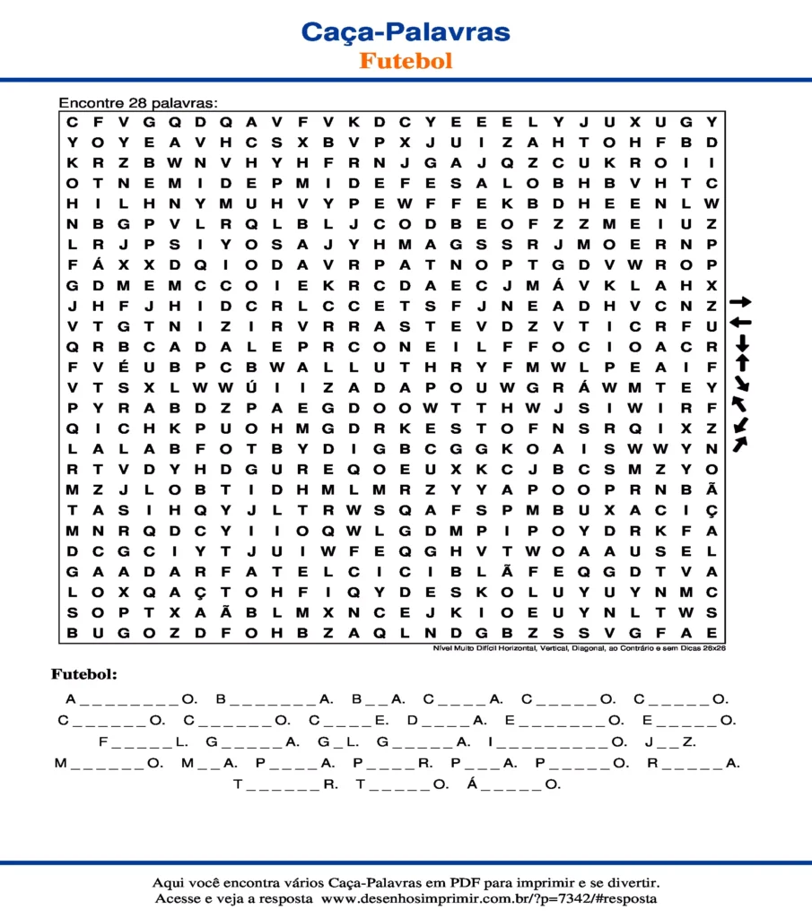 Futebol Nível Muito Difícil Horizontal, Vertical, Diagonal, ao Contrário e sem Dicas 26x26 caça palavras Caça Palavras de Futebol Nível Muito Difícil Horizontal, Vertical, Diagonal, ao Contrário e sem Dicas 26x26 para imprimir