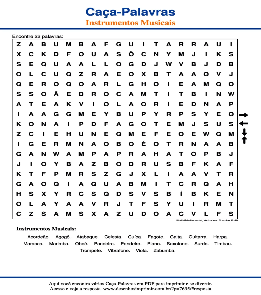 Instrumentos Musicais Nível Médio Horizontal, Vertical e ao Contrário 18x18 caça palavras Caça Palavras Instrumentos Musicais Nível Médio Horizontal, Vertical e ao Contrário 18x18 para imprimir