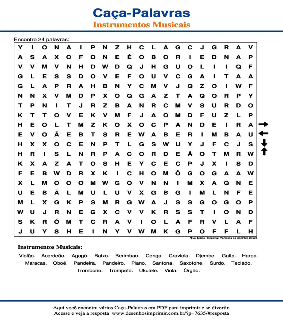Instrumentos Musicais Nível Médio Horizontal, Vertical e ao Contrário 20x20 caça palavras Caça Palavras Instrumentos Musicais Nível Médio Horizontal, Vertical e ao Contrário 20x20 para imprimir
